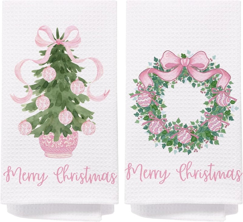 SPBL&L Chinoiserie Christmas Kitchen Towels, Pink Bow Coquette Christmas Tree Dish Towels for Kitchen Bathroom,Set of 2 Pink Christmas Hand Towels for Bathroom Kitchen, Grandmillennial Decor,16x24 Inches - Image 1
